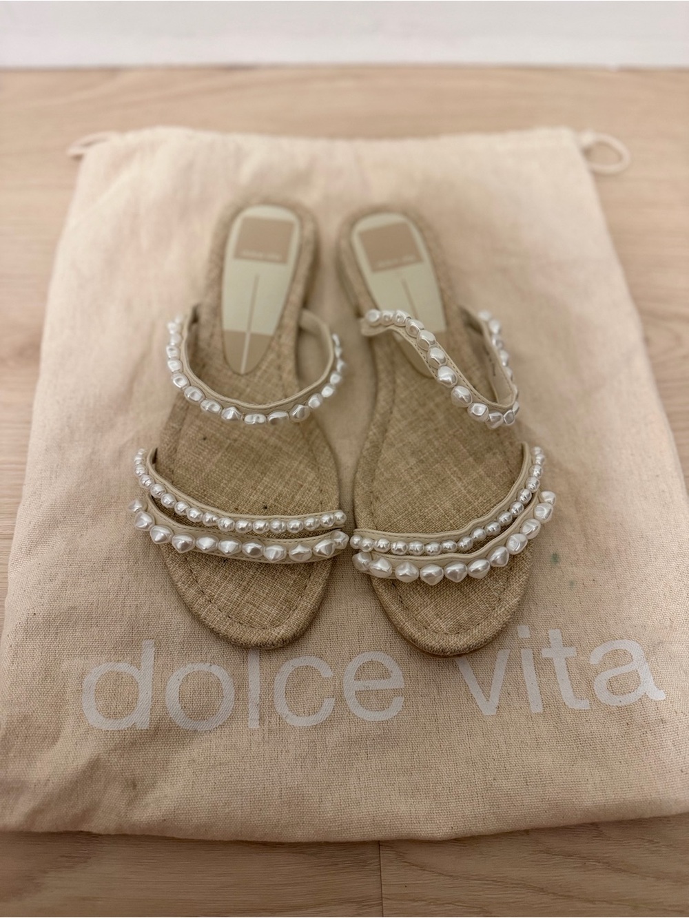 Dolce Vita Natural Beige Pearl-Trimmed Women’s Sandals